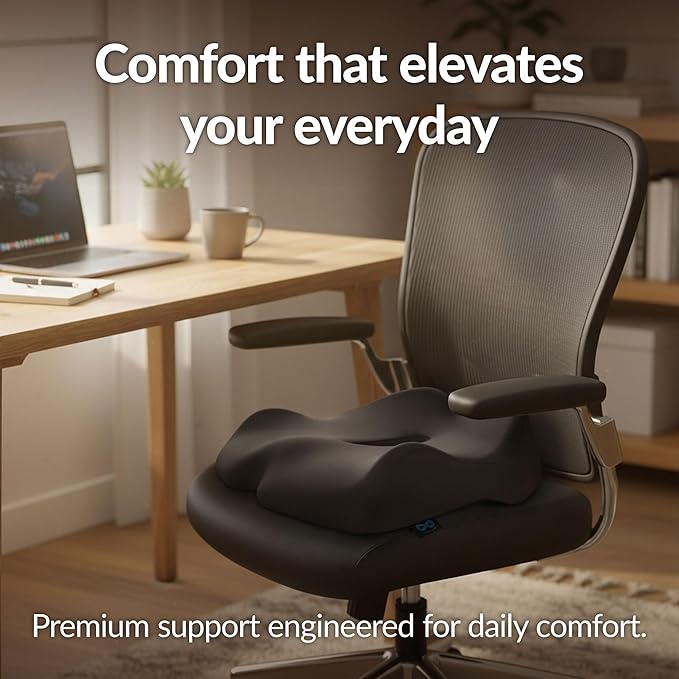 Everlasting Comfort Premium Memory Foam Seat Cushion for Office & Car - Elevate Series Ergonomic Chair Cushion - Doctor Recommended Support Pillow for Tailbone, Sciatica Pain Relief, Desk Accessories