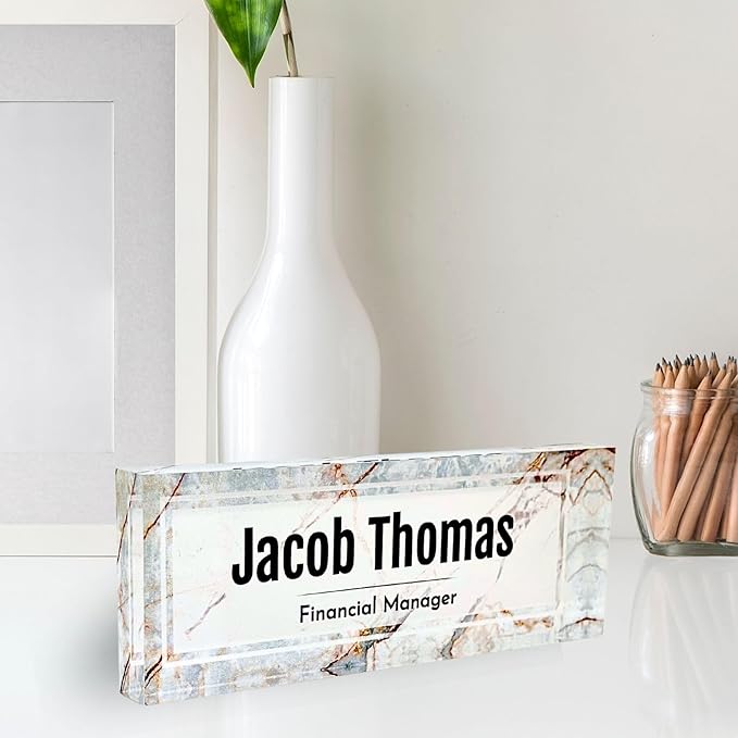 Customized Clear Acrylic Thick 8x3" Desk Name Plate Block with Personalized Logo - Professional Office Decor - Customized Acrylic Plate Gift for Teacher Co-workers, Christmas Gifts for Her, Thanksgiving Gifts (Beige Marble)