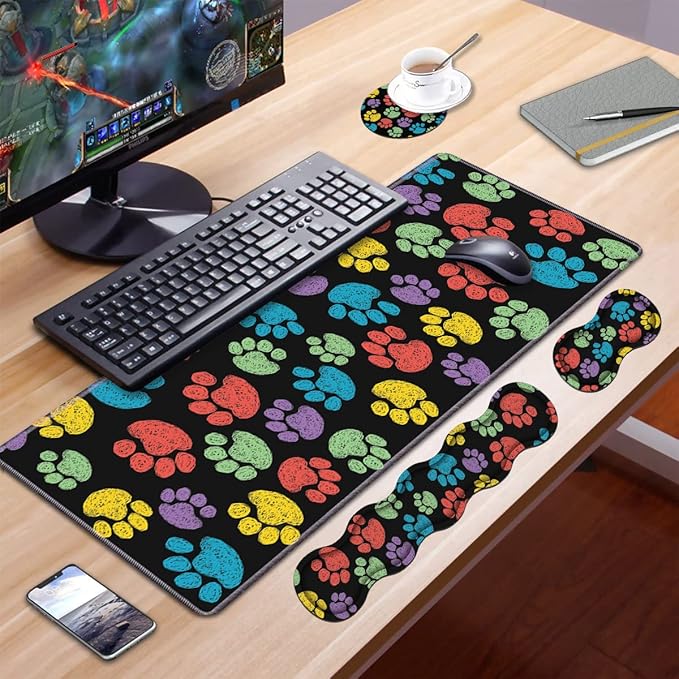 Ergonomic Keyboard Wrist Rest & Mouse Pad Wrist Rest Set,Large XXL Gaming Mousepad 31.5"x 11.8",Memory Foam,Easy Typing Pain Relief,Multifunctional Desk Mat for Office & Home,Colorful Dog Paw Print