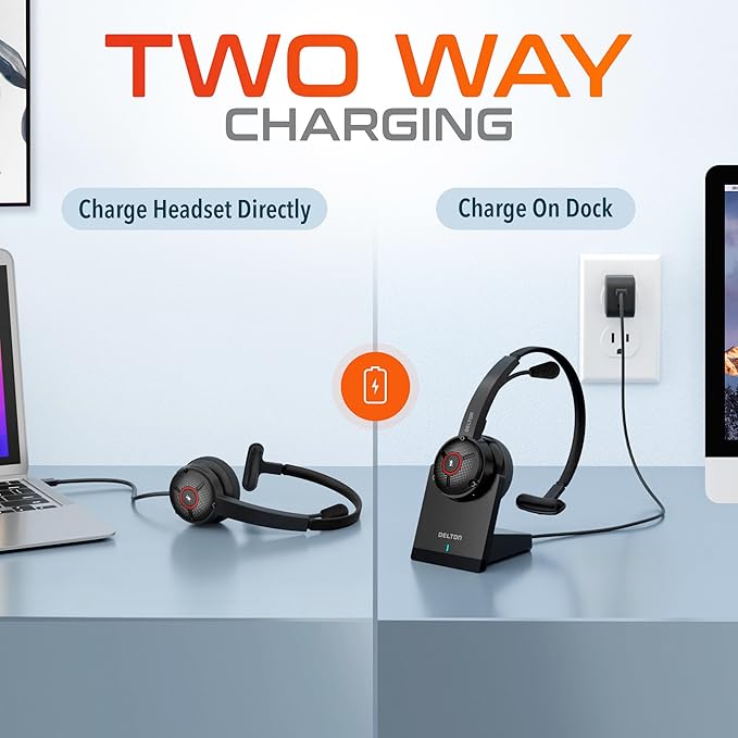 Delton Noise Canceling Bluetooth Computer Headset with Charging Dock, Auto Pair USB Dongle for PC/Laptop, Compatible with MS Teams, Zoom, Google Meet, and More | Black