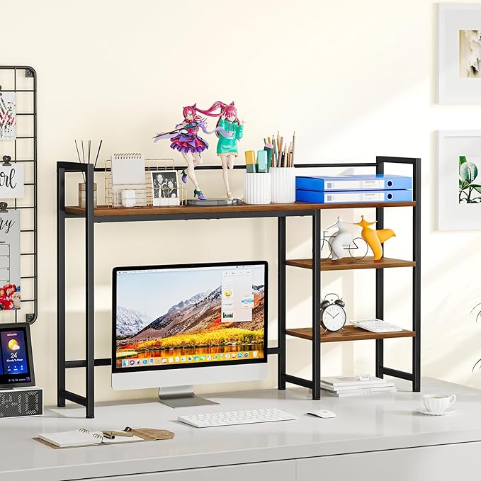 Snughome Desk Shelf, 44.9" Large Desktop Organizer Shelf, Desk Hutch for Computer Monitor, 4 Tier Desk Top Display Rack, Wood Desktop Bookshelf Storage Rack for Home Office Dorm