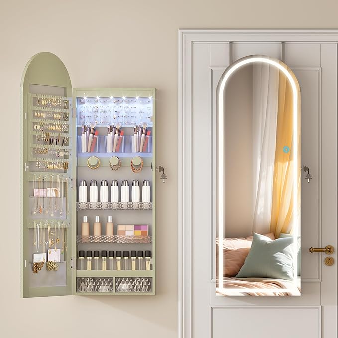 LVSOMT Wall Mounted Jewelry Organizer Lockable, Door Hanging Arched Mirror with Lights and Jewelry Storage, 6 LEDs Jewelry Cabinet (Laurel Green)