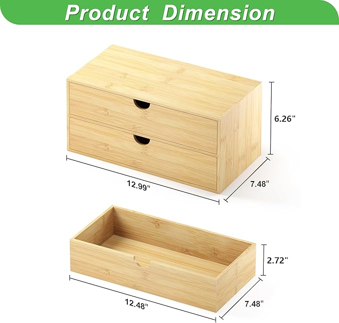 Wisuce Desk Organizer with Drawers - Bamboo Desktop Organizer Storage | White-Natural Wood Desk Drawers Organizer for Bills, Office Supplies, Cosmetics, Seals No Assembly Required(2 drawers edge-free)