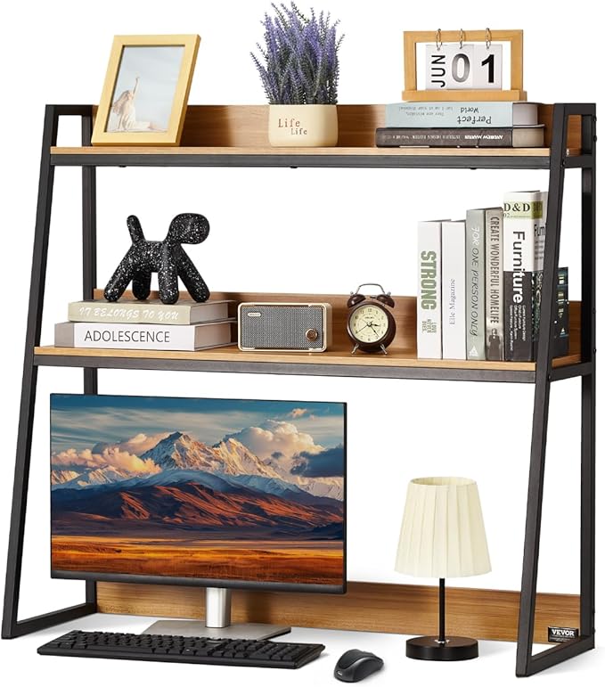 VEVOR 2-Tier Desktop Storage Organizer, 37.4" x 12.6" x 35.4" Office Storage Rack, Wood Color Display Shelf, Desktop Bookshelf Hutch with Anti-Slip Feet Pads, for Office, Home & Dorm