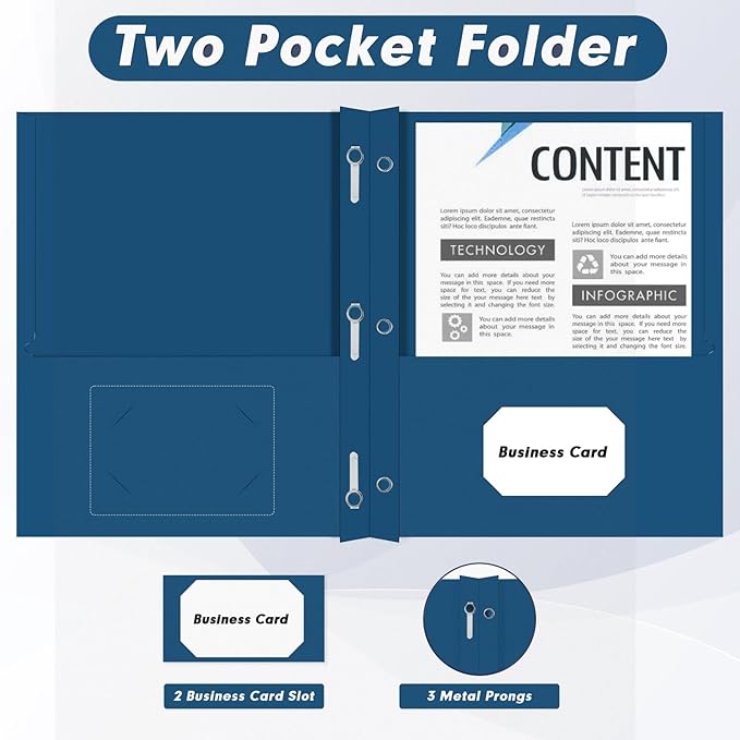 Two Pocket Folders, PANDRI 30 Pack Two Pocket Folders with Prongs, 3 Prong Folders Designed for Office and Classroom, Letter Size Darkblue