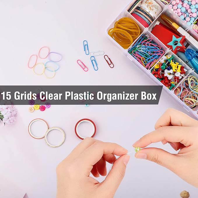 15 Large Grids Plastic Organizer Box with Dividers, Clear Compartment Container Storage for Washi Tapes Beads Crafts Jewelry Fishing Tackles, Size 11 x 6.3 x 2.2 in