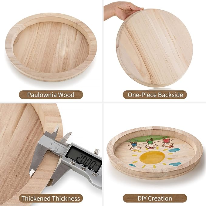 Hanobe Round Wood Decorative Tray: Unfinished Wooden Craft Trays DIY Ottoman Serving Tray Centerpiece Candle Holder Trays for Kitchen Countertop Crafts Art Home Decor Montessori Activity