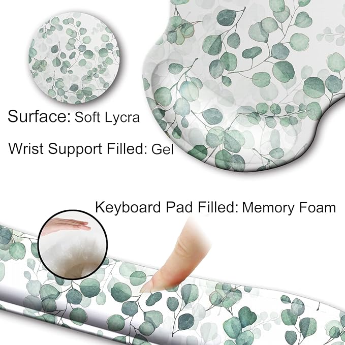 Mouse Pad and Keyboard Wrist Rest Support, with Non-Slip PU Base,Gel Mouse Pad with Coaster,Pain Relief for Gaming, Computer,Office -Eucalyptus
