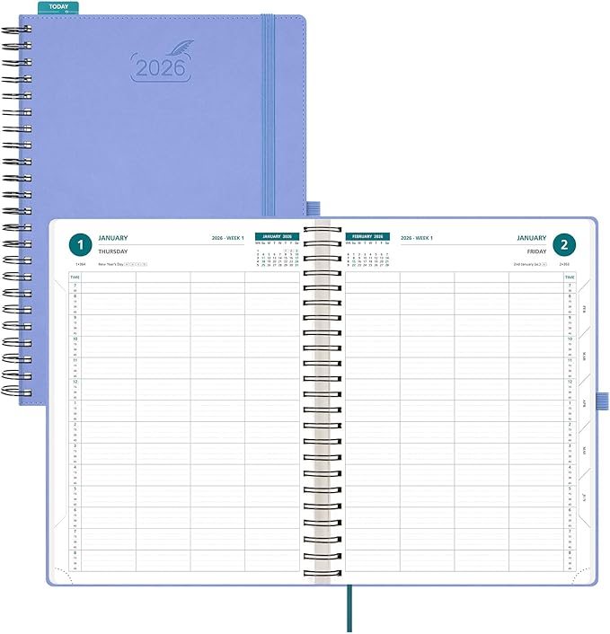 BEZEND Daily Appointment Book 2026 Page per Day Even Weekends (Large-8.25" x 11.75") 15-Minute Timeslots in 4 Columns, Monthly Planner with Tabs & Week Schedule, PU Leather Softcover in Cornflower