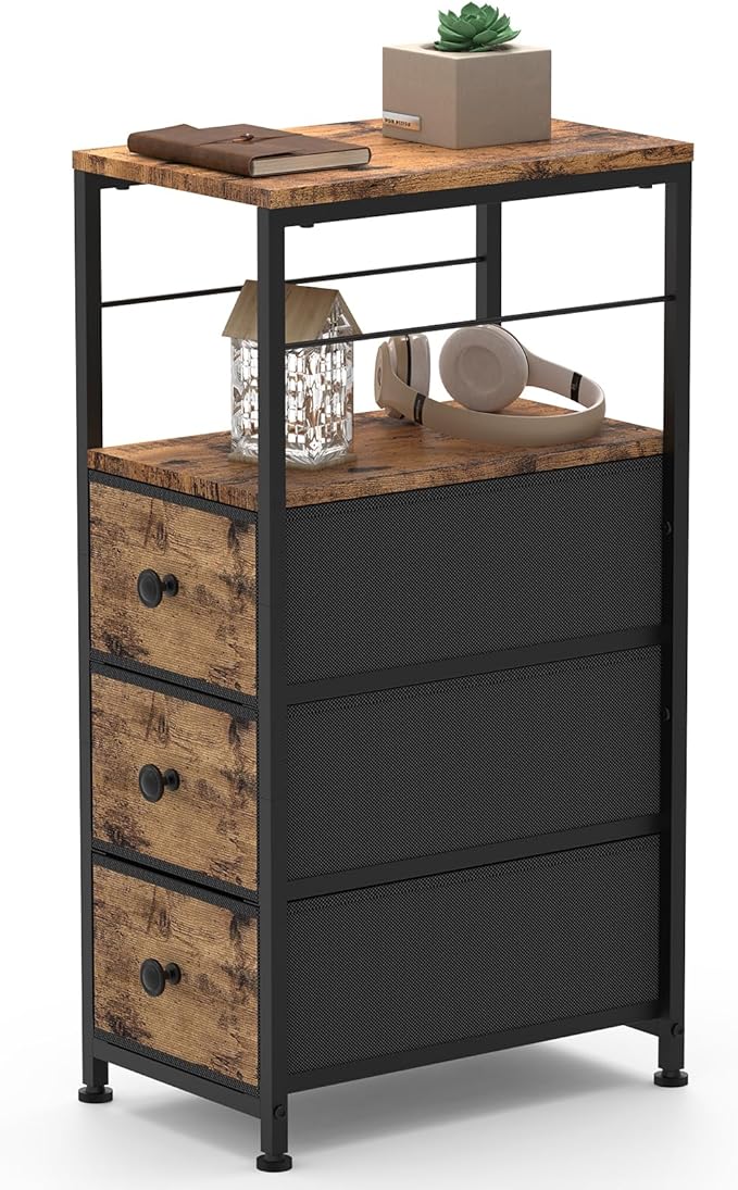YBING Narrow Dresser for Bedroom, Dresser with 3 Fabric Drawers, Slim Bedside Table with Open Storage Shelf, Small Side Table for Small Spaces, Brown
