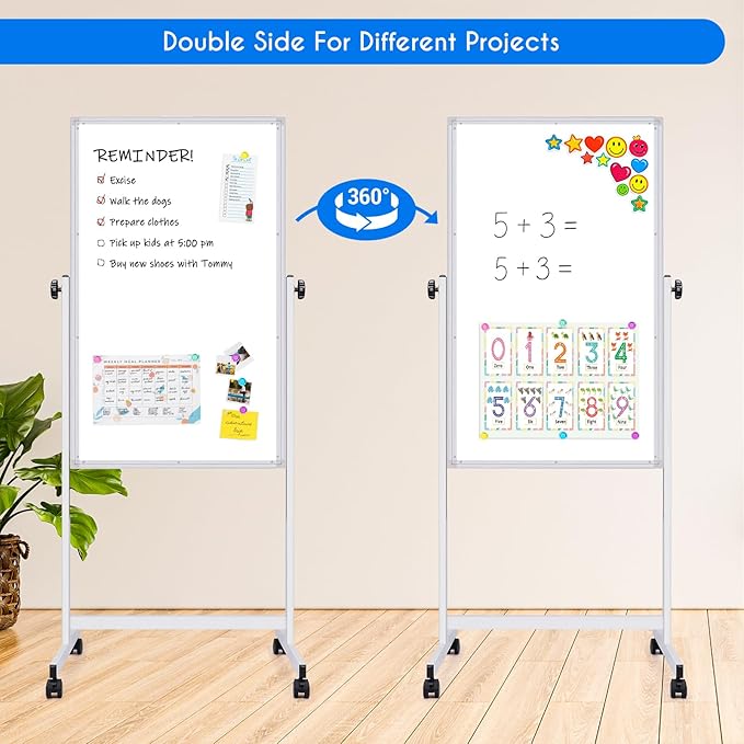 maxtek Rolling White Board, 48 x 24 Height Adjustable Whiteboard on Wheels, Large Magnetic Standing Mobile Easel Board, Double-Sided with Stand for Office, Home, and Classroom