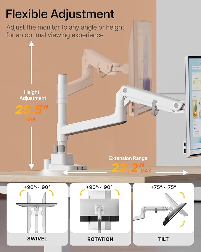 monTEK 17-57 Inch Ultrawide Monitor Arm for Up to 59.4lbs Screens, Aluminum Heavy-Duty Gas Spring Single Curved Screen Adjustable Monitor Stand,75/100mm Vesa Mount, White