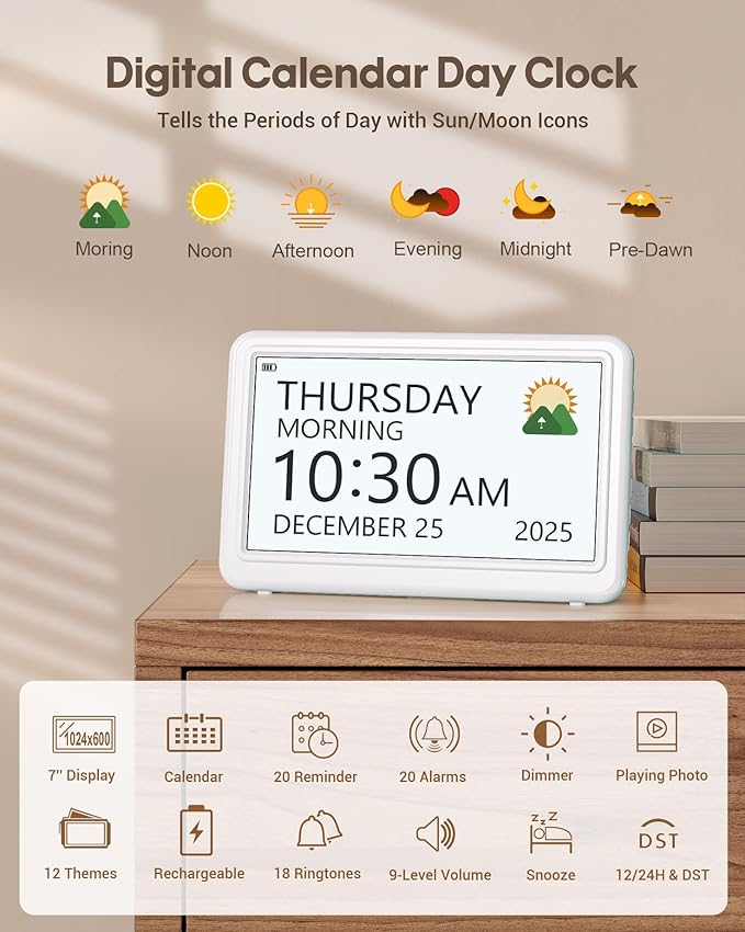 Digital Clock with Date and Day of Week, Dementia Clocks Battery Operated Alarm Clock with 20 Alarms and Medicine Reminders, 7" Large Display Rechargeable Desk Clock for Elderly Seniors Alzheimers