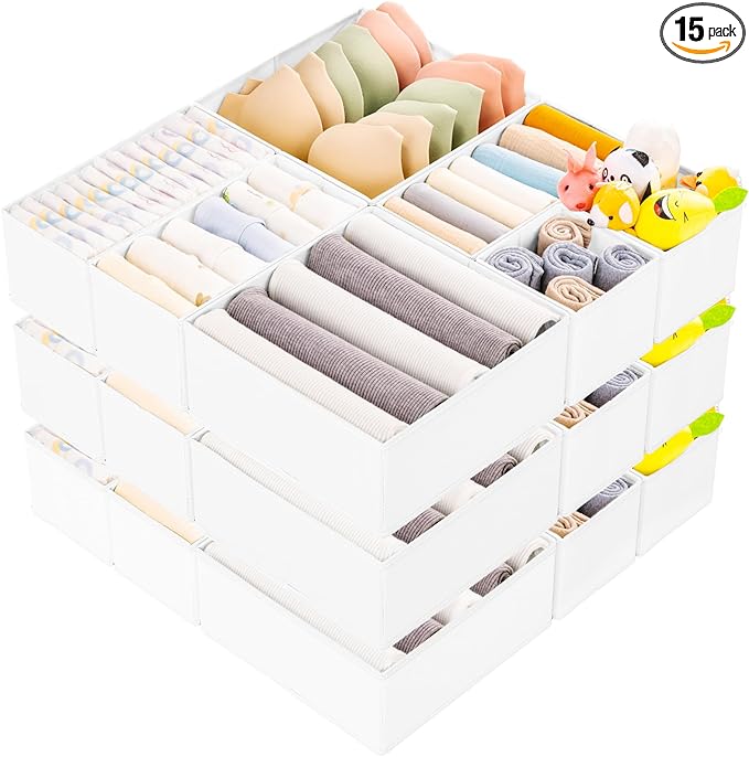 Criusia 15 Pack Drawer Organizer for Clothes, Foldable Dresser Dividers with 3 Sizes, Fabric Storage Bins – White