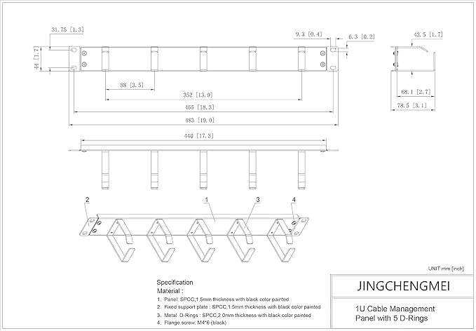 Jingchengmei 19-Inch 1U Metal Horizontal Rackmount Cable Manager with 5 D-Rings (1UCM5R440, Black)