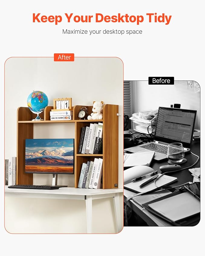 VEVOR Wood Desk Shelf, Desktop Bookshelf, Desk Storage Hutch with 6 Shelves, Office Countertop Organizer 3-Tier Display Rack, with Anti-Slip Feet Pads, for Office, Home & Dorm, Natural