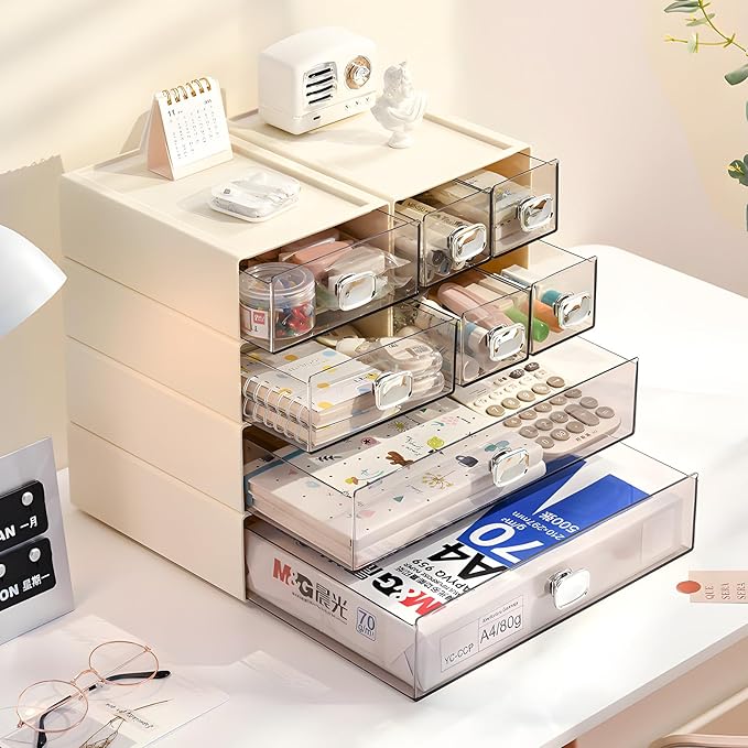 Spacious Desktop Storage Box, 1 Large Storage Drawer, Stackable Office Desk Drawer Organizer and Accessories, Printer Paper Organizer, Cream Plastic Drawers for Workspace & Home