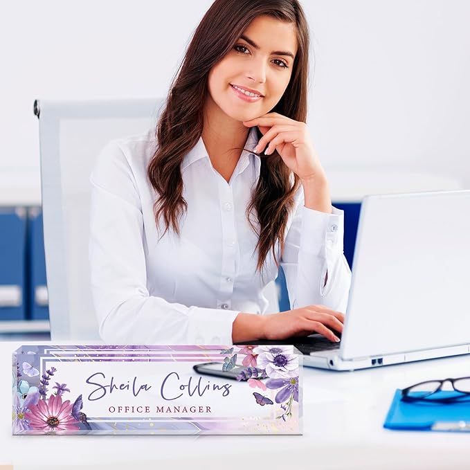 Custom Name Plate for Desk, Employee Appreciation Gifts, Acrylic Desk Name Plate Personalized, Office Desktop Accessories, Office Decor Gifts for Coworkers Boss Teacher (Purple Flower)