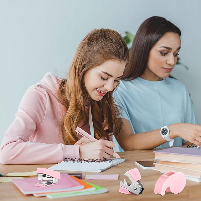 Colarr Mini Office Supply Kit Includes Stapler Tape Dispenser Staple Remover Paper Clips Scissor Staples Pen Sharpener Note Small Telescopic Knife for Office and School Clerk Student (Pink)