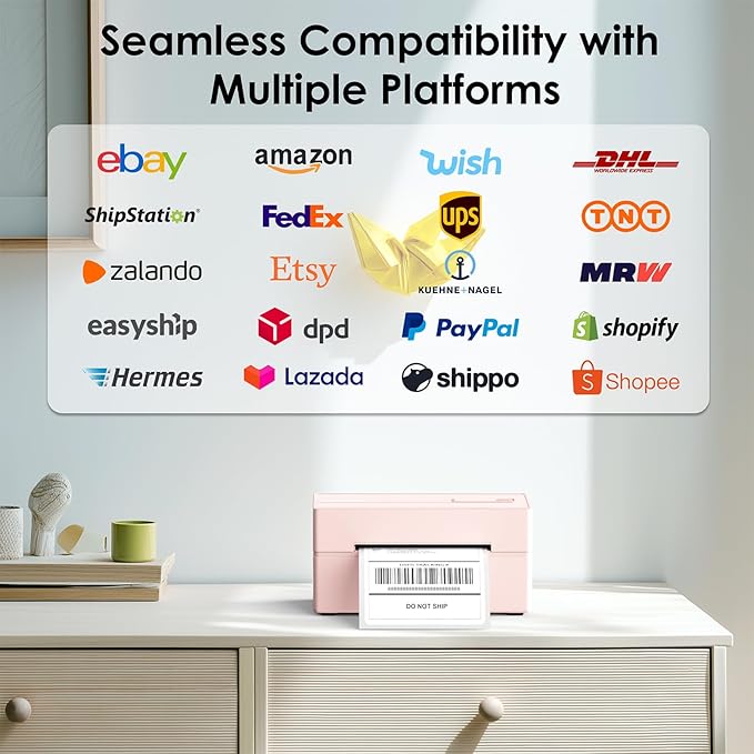 Bluetooth Thermal Shipping Label Printer, 4x6 Portable Thermal Address Label Printer for Small Business, Compatible with iPhone,Android,Windows,Mac,–Works with Ebay Shopify USPS&More, Pink