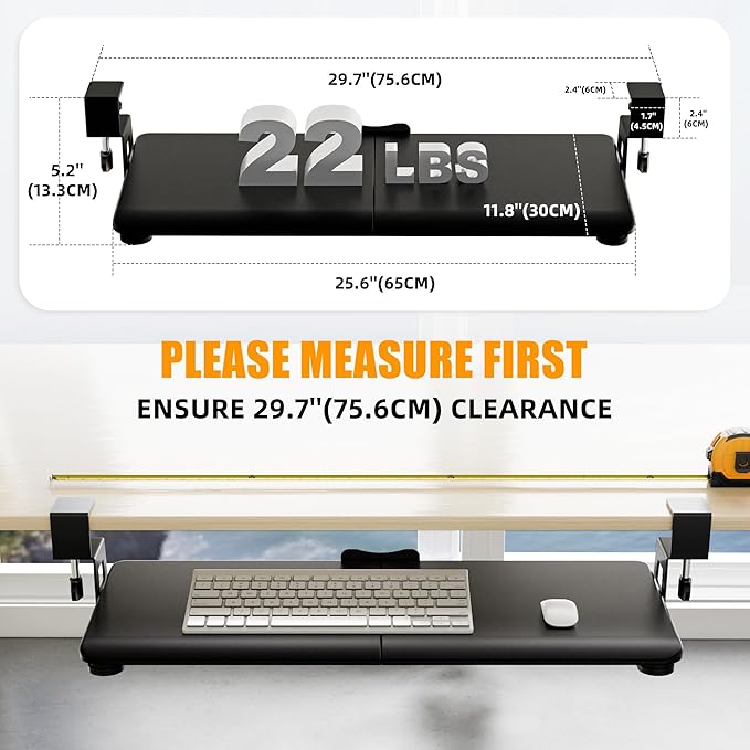 ERGOMAKER Keyboard Tray Under Desk, Pull Out Keyboard Tray with C Clamp Mount, 25.6" (29.7" Including Clamps) x 11.8" Slide-Out Platform Computer Drawer for Typing, Keyboard & Mouse Tray, Black