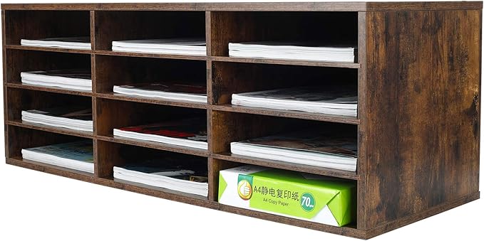PAG Mail Sorter, Wooden Countertop Literature Organizer, Student & Desktop Bill Paper Organizer, 12 Compartments, Antique Brown