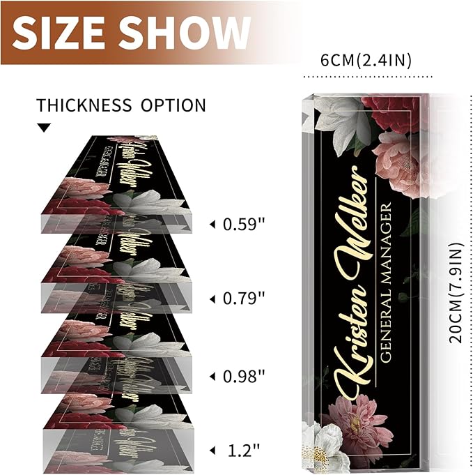 Name Plate for Desk, Desk Name Plate Personalized, Office Decor for Women Men, Acrylic Desktop Accessories, Office Appreciation Gifts for Boss Social Workers Nurse Teacher Employee (Black/Flowers)