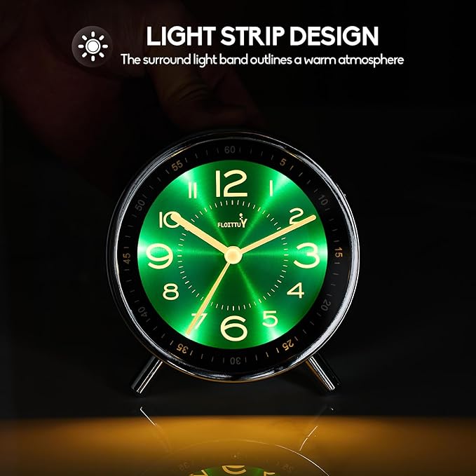 Super Silent Metal Alarm Clock,Beep Wake Round Alarm Clock with Strip Night Light,Battery Operated,Easy Set,Simple & Retro for Desk, Bedroom and Home Decoration(Emerald Green)