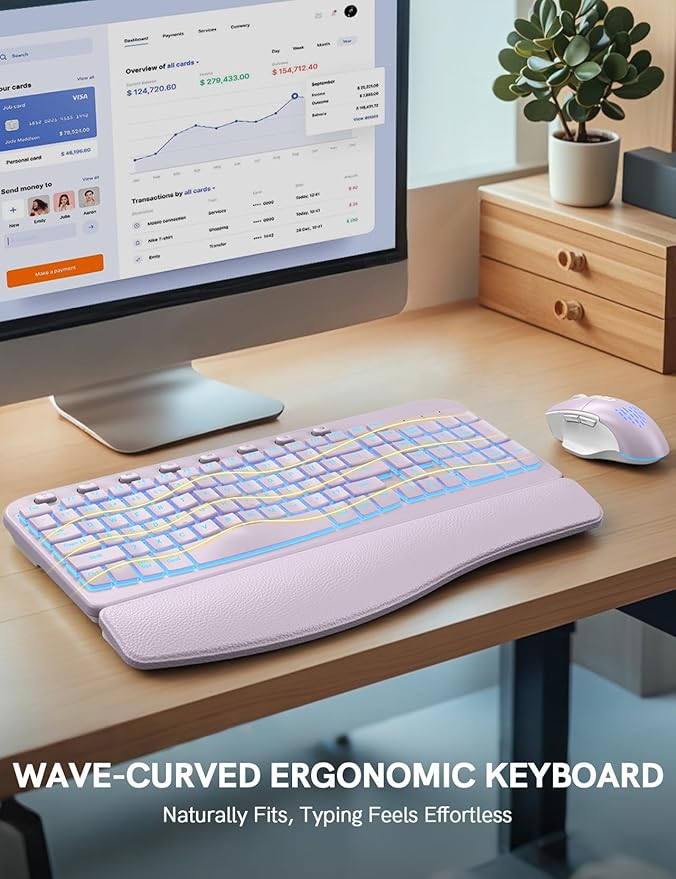 SABLUTE Ergonomic Wireless Keyboard and Mouse Combo - Wave Keyboard with Soft Leather Wrist Rest, Resistant Keys, RGB Backlit Rechargeable Set for PC/Mac/Chromebook (Lavender Purple)