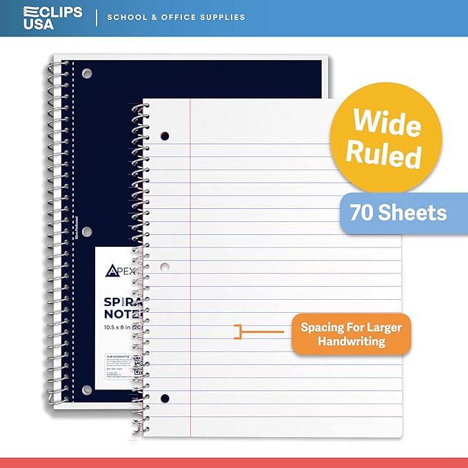 E-CLIPS USA Spiral Notebook, Wide Ruled Notebooks (12 Pack), 70 Sheets, Single Subject, Notebooks Bulk, 6 Color Assortment, 3 Hole Perforated Sheets (12, Wide Ruled)