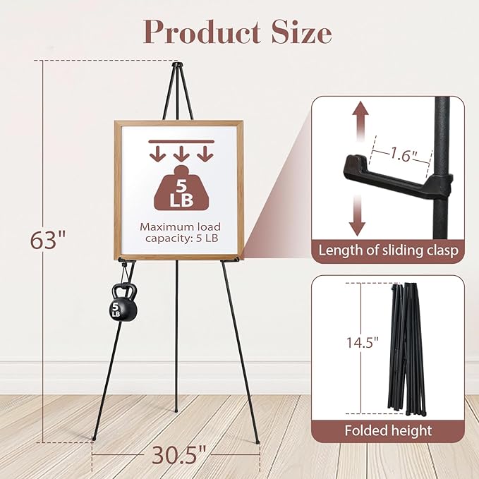 AZEAM 63" Easel Stand for Sign, Portable Easels for Painting, Foldable Black Metal Easel Display Stand Poster Holder Adjustable Sign Stand for Display Wedding Arts Poster 1 Pack