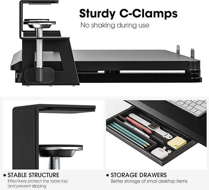 Fenge Keyboard Tray Under Desk, Pull Out Keyboard & Mouse Tray with C Clamp Mount, Sliding Keyboard Holder for Desk, 25.6 x 11.8 inch Large Slide-Out Platform Computer Drawer for Typing, Black
