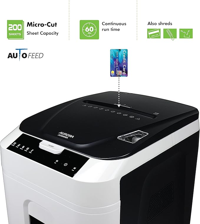 Aurora Commercial Grade 200-Sheet Auto Feed High Security Micro-Cut Paper Shredder/ 60 Minutes/Security Level P-5