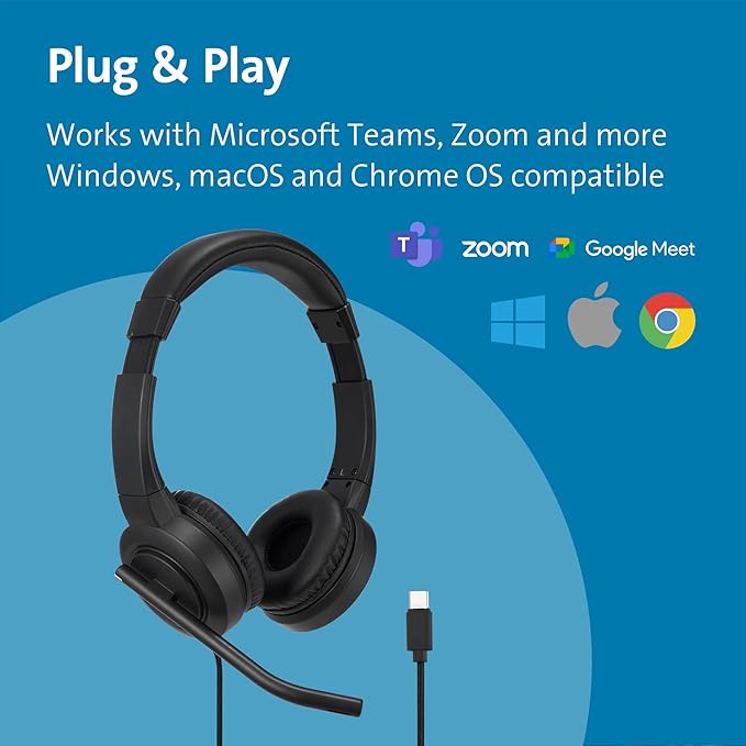 Kensington H1000 USB-C On-Ear Headset, 270° Rotating Noise-Canceling Microphone, Quick Buttons for Volume, Play/Pause, Mute, and Busy, PC/Mac/Laptop - Black (K83450WW)