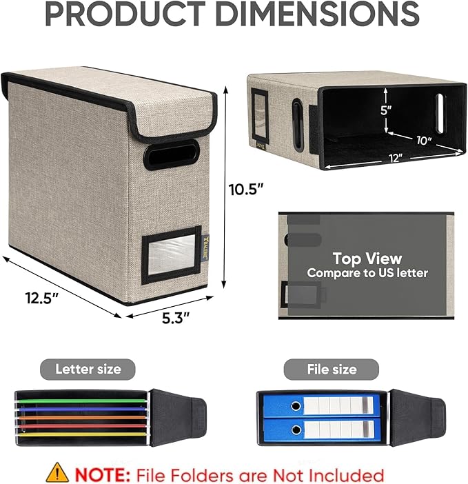 BALEINE File Organizer Box with Lid, Collapsible File Folder Organizer with Plastic Slide, Hanging File Folder Box for Office Document Storage (2 Pack, Beige, S)