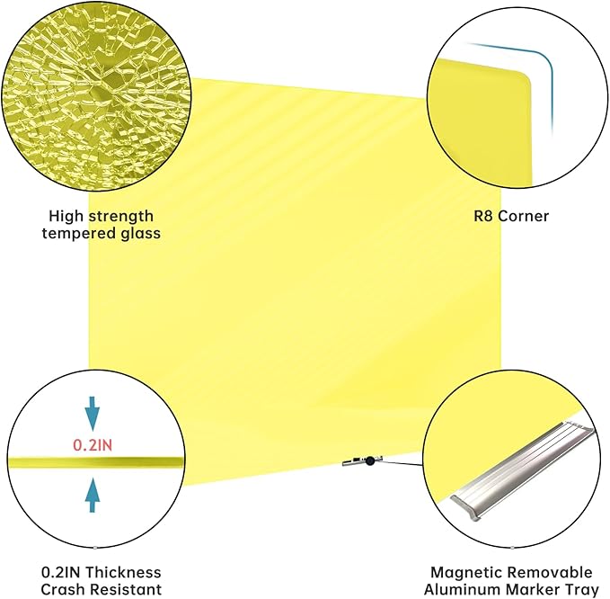 Magnetic Glass Whiteboard - 48"x36" Frameless Glass Dry Erase Board for Walls, Office, School & Home - Yellow
