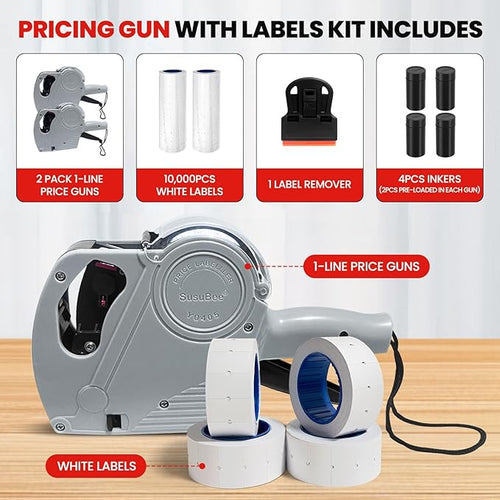 2 Pack Price Gun - 1 Line Label Pricing Gun with 10,000pcs White Labels Handheld Date Code Prices Labels Maker with Pre-Loaded Inks & Label Remover for Retails, Yard Sales, Groceries, Supermarket