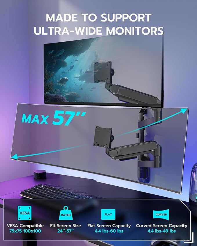 ARES WING Dual Monitor Wall Mount for 24-57 Inch Ultrawide Screens, Premium Heavy Duty Monitor Arm Holds 60 lbs, Full Motion Gas Spring, Bearing Head for Easy Adjustment, 75/100 VESA Mount, Black