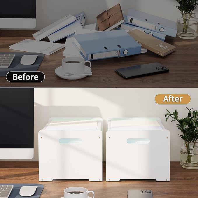 2 Pack Bamboo Hanging File Organizer, Office Desk File Organizer for Letter Size, Wood Hanging File Folders Organizer Record Holder Storage Stand Bookshelf Easy Assembly, White