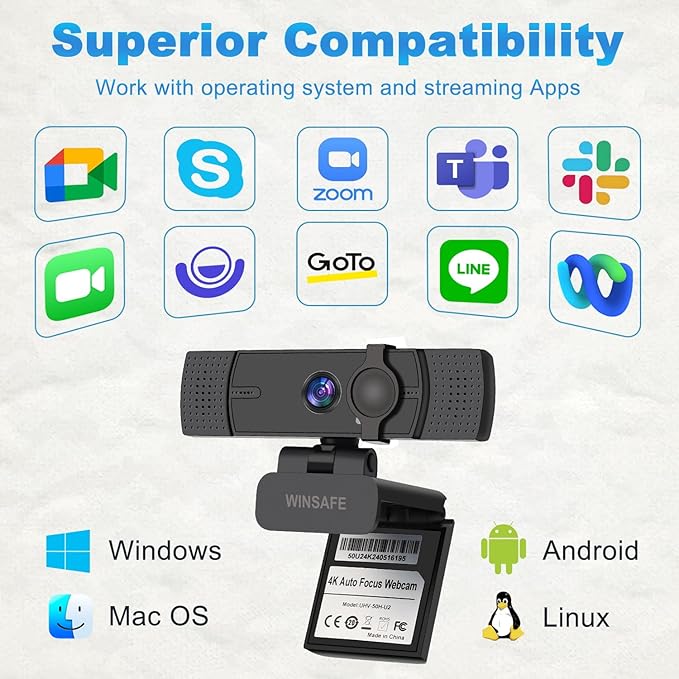 WINSAFE 4K Webcam for PC, UHD Video Calling, PDAF AutoFocus, Dual Noise-Canceling Microphones, 70° FOV, 1080P@60FPS, Privacy Cover, USB Plug&Play, Works with Teams, Zoom, OBS, Skype