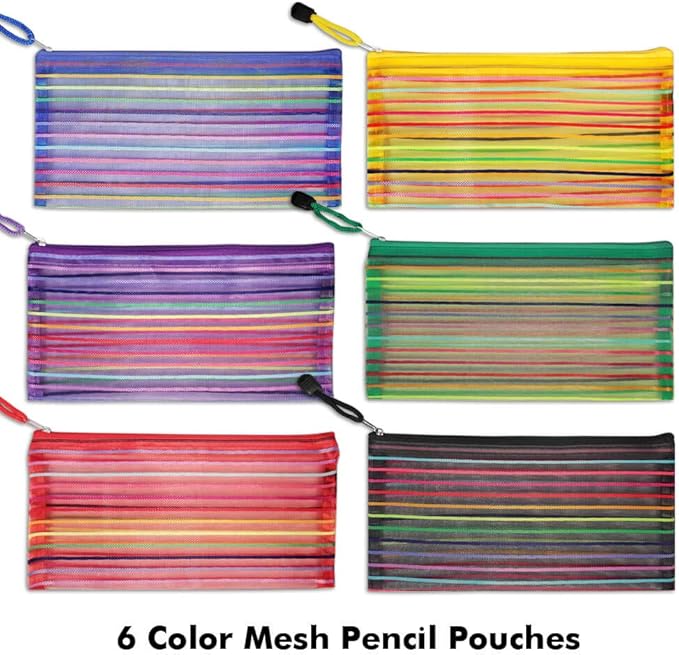 selizo 6 Pcs Pencil Pouch Plastic Pencil Cases Zipper Mesh Pouch Bag for Office Pen Cosmetic Makeup