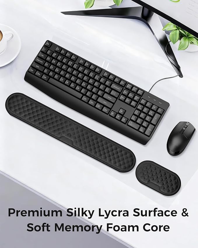 Wrist Rest Set for Keyboard and Mouse, Ergonomic Wrist Support with Soft Memory Foam, Silky Lycra Cover, Non-Slip Base, Helps Reduce Wrist Pressure and Fatigue During Long Typing and Gaming Sessions