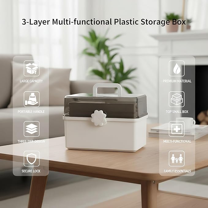 Pulseplay 3-Layer Large Capacity Medicine Storage Box - Portable Plastic Storage Box for Sewing Art Supply, Empty First Aid Kit with Handle for Home Office and Travel