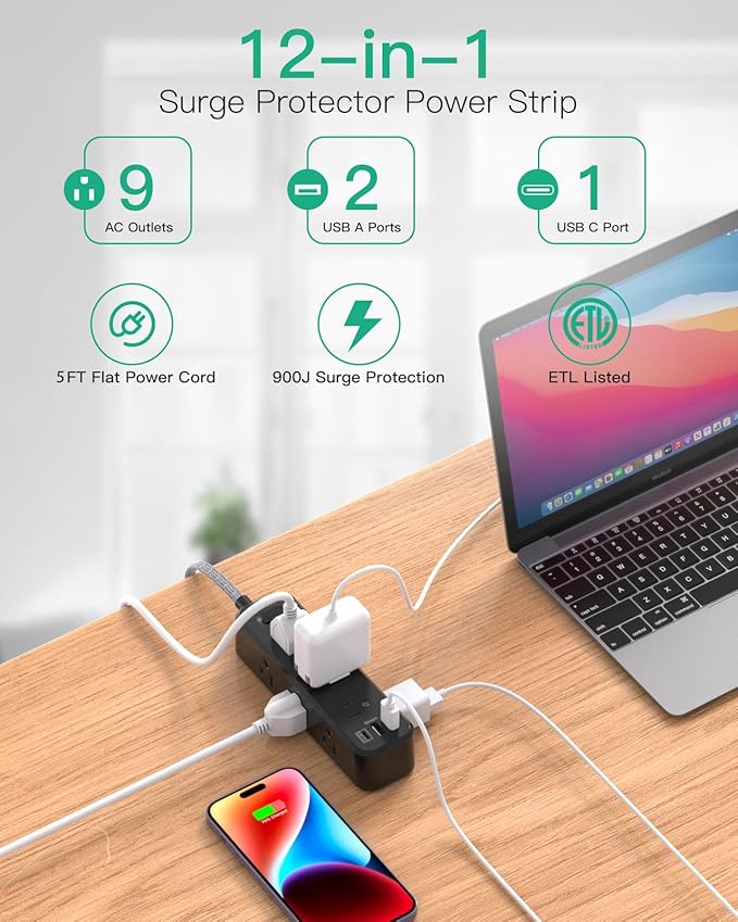 Mifaso Extension Cord, Surge Protector Power Strip, Long Extension Cord with 9 Outlets 3 USB Ports, Extension Cord with Multiple Outlets, USB Power Strip for Dorm Room Essentials, College(5FT,Black)