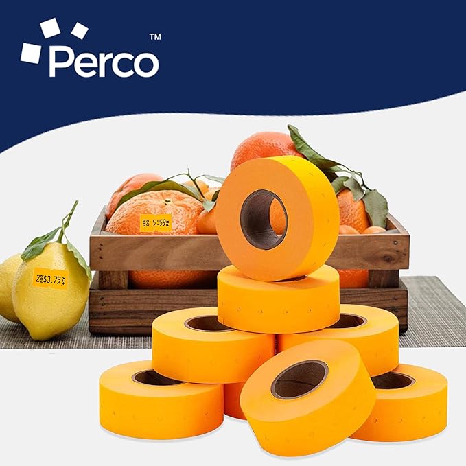 Perco 1 Line Fluorescent Orange Labels - 8 Rolls, 1 Sleeve, 8,000 Blank Price and Date Gun Labels for Perco Lite, X, Plus and Pro 1 Line Price and Date Guns - Made in USA