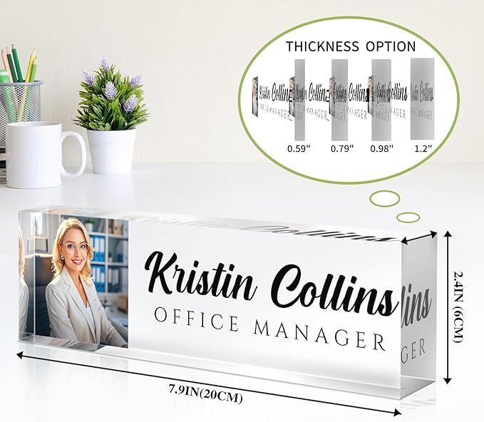 Custom Name Plate for Desk, Personalized Desk Name Plate on Clear Acrylic Glass, Appreciation Gifts for Teacher Employee Boss Coworkers Nurse, Office Desk Accessories for Women Men (Picture)