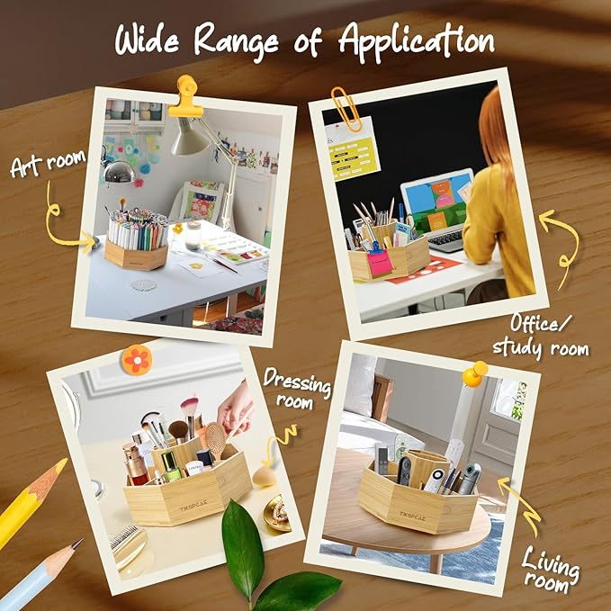 360° Rotating Art Supply Organizer, Holds 750+ Pencils, Bamboo Marker & Pen Holder with Handles, Desk Storage Caddy for Paint Brushes, Crayons, Ideal for Office, Home, Classroom