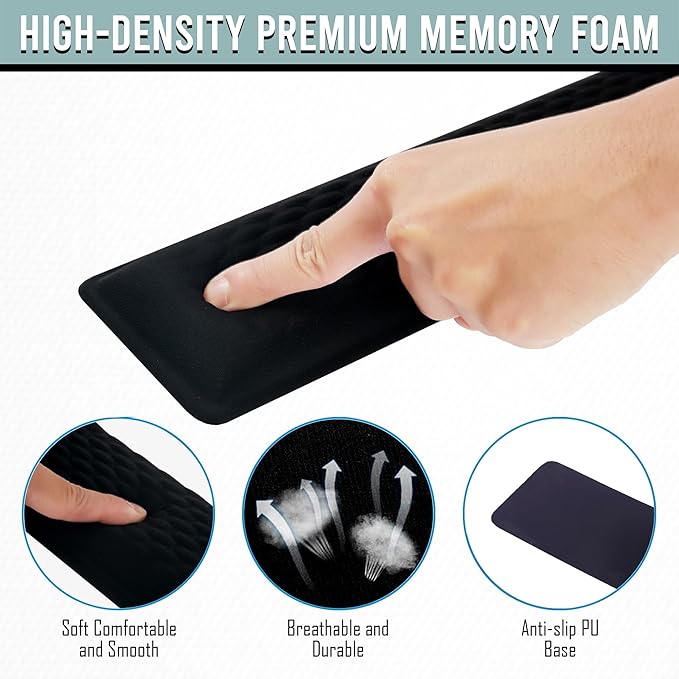 Keyboard Wrist Rest Black, Extra-Wide Ergonomic Memory Foam Wrist Rest Arm Cushion, Soft Non-Slip Wrist Support Pad for Computer, Laptop & Desk | Pain Relief & Typing Comfort for Office & Gaming