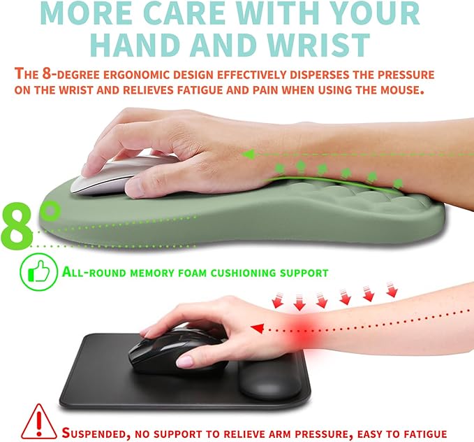 Ergonomic Mouse Pad Wrist Support with Memory Foam Massage Bulge, Carpal Tunnel Pain Relief Mousepad Wrist Rest for Mouse(12x8 inch, Light Green)