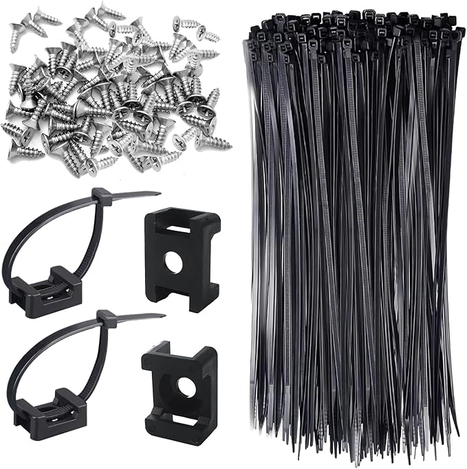 100Pcs Zip Ties with Screw Hole 8 Inch Cable Tie Mount, 0.9" Saddle Type Cable Mount Base Wire Mounting Clips Nylon Organizer Holders Clapms Zip Ties Anchors Fasteners for Wall(Black)